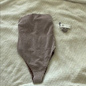 Brown Checkered One-Piece Swimsuit